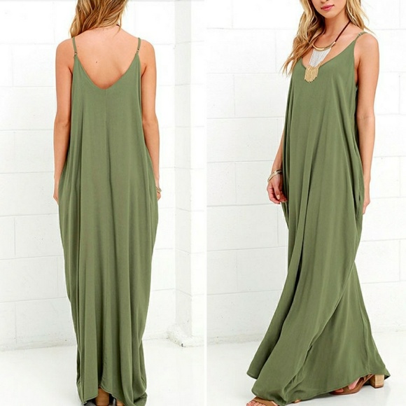 🆕SAGE SPAGHETTI STRAP V NECK MAXI DRESS - Picture 2 of 3